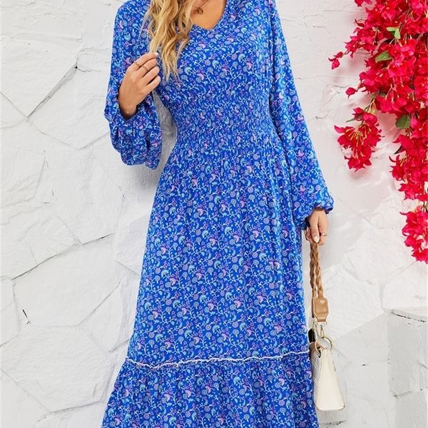 Lässige Kleider BKMGC Blau Mintgrün Lose Kurzarm Mittlere Taille V-Ausschnitt A-Linie Blumendruck Elegantes Frauen Langes Sommerkleid 2857 221007