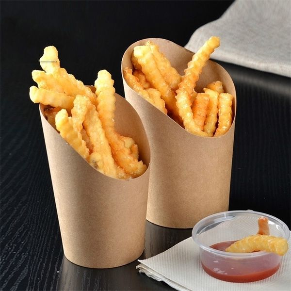 Copas descartáveis ​​Canudos 100pcs kraft papel batata batata caixas sacos descartáveis ​​batatas fritas copos de comida lanche as caixas de embalagem de mão de mão 221007