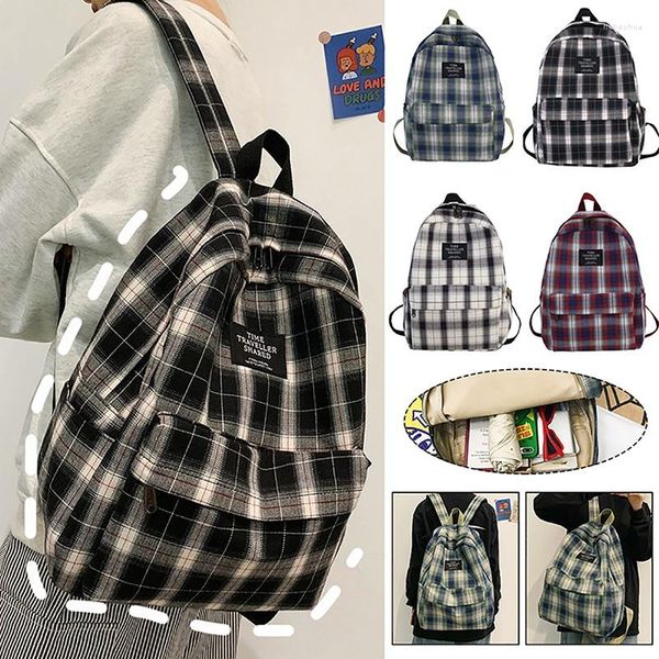 Backpack Fashion Plaid Nylon School for Girl Teenage Bags Y2K Bolsa universitária à prova d'água de grande capacidade coreana