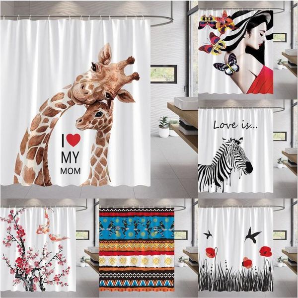 Duschvorhänge Cartoon Tier Giraffe Zebrasta Vorhang Mandala Blume Tinte Koi Sakura Bad Boho Home Badezimmer Dekor Stoff Haken