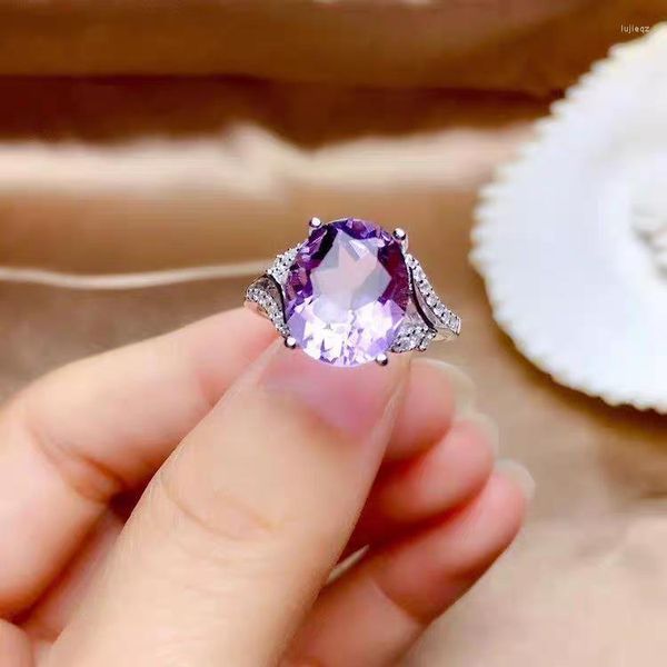 Cluster-Ringe, echter natürlicher violetter Amethyst-Quarz, verstellbarer Ring für Damen, 12 x 10 mm, klar geschnittene, facettierte Perle, 925er Silber, wohlhabender Stein