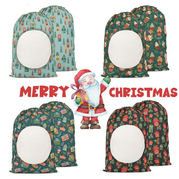 2022 Santa Sacks Weihnachten Wiederverwendbare Weihnachtstaschen Buffalo Plaid Sublimation Kordelzug Canvas Süßigkeiten Geschenktüte Weihnachtspaket Aufbewahrung