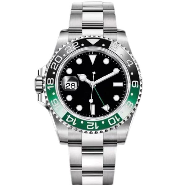 Linkshändige neue Herren-GMT-Uhr, 40 mm, grün-schwarze Keramik, Sprite-Kreis, mechanisch, automatisch, Saphir-Herrenarmbanduhr, ohne Box