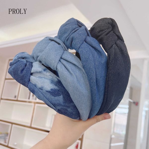 Stirnbänder PROLY Neue Mode Frauen Stirnband Breite Seite Blau Denim Haarband Zentrum Knoten Turban Kopfbedeckung Erwachsene Klassische Haar Zubehör T221007