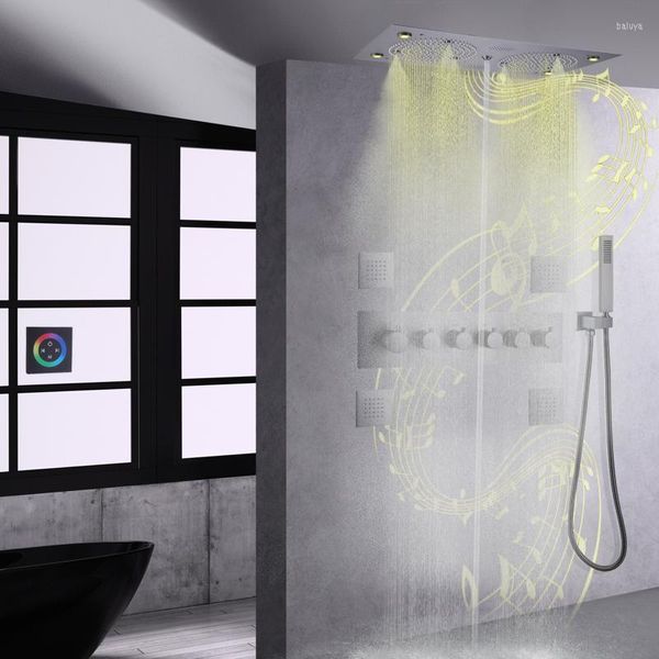 Banyo Duş Setleri Silah Gri LED Head Müzik İşlevleri Sistemi Termostatik Yağış Musluk Banyosu Kafaları