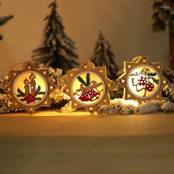 Decorações de Natal Árvore Árvore de madeira Ornamento brilhante Formato redondo Decoração de luz LED Luminous Santa Snowman Solping pending pendente