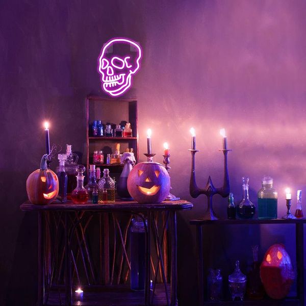 Skeleton Skull Neon Sign Light Pink LED Forma acrilica Neon Wall Signs Luci decorative per Man Cave Camera da letto Bar Festa Compleanno Halloween Regalo di Natale