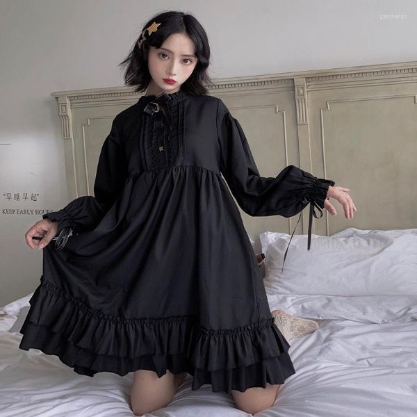 Casual Kleider Schwarz Lolita Stil Kleid Frauen Dunkle Mode Gothic Langarm Lose A-Linie Fliege Dekoration Weibliche Herbst