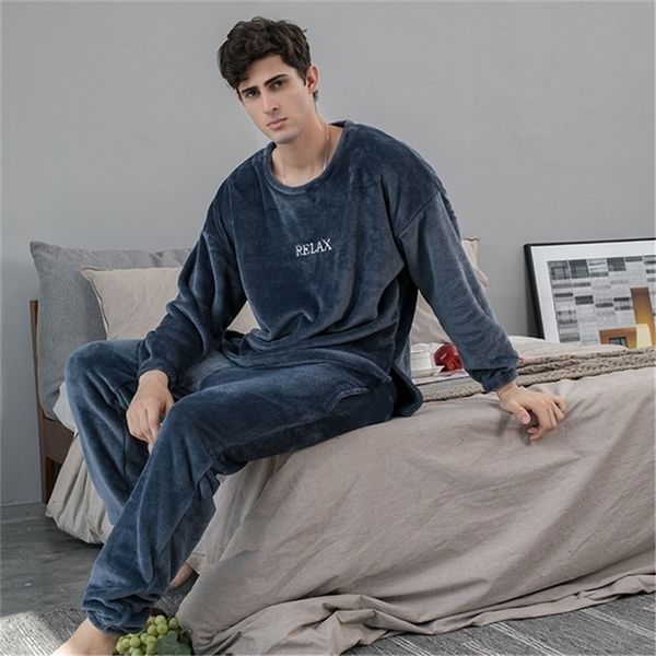 Herren-Nachtwäsche, dicker Flanell-Pyjama für Männer, lockerer O-Ausschnitt für Paare, warme Winter-Zuhause-Kleidung, Pyjama-Hose, 2-teiliges Set 221007