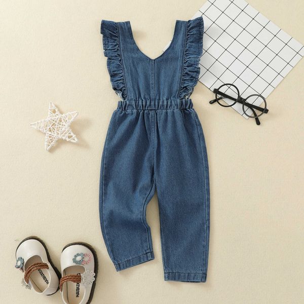 Rompers çocuklar yaz Siyam Pantolon Denim Düz Renk Ruffles Vneck Kolsuz Sırtsız Tulum Girek J220922