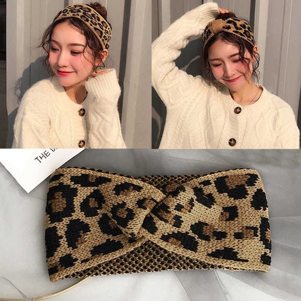 Kafa Bantları Yeni Moda Kış Iişçisi Örme Kafa Kafa Bantları Leopard Bowknot Saç Bandı Türban Tığ işi Geniş Şık Saç Stil Aksesuarları T221007