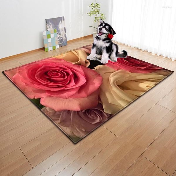 Tapetes 3d romântico rosa flor estampada tapete de sala de estar de sala de estar com manta macia floormato de decoração de casa moderna do dia dos namorados