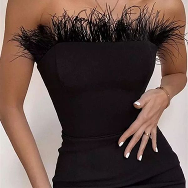 Sıradan elbiseler yaz seksi askısız sırtsız tüy siyah midi kadın bodycon bandaj tasarımcısı moda parti kulübü vestido 221007