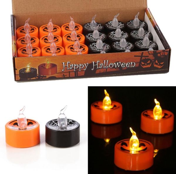 Candele a lume di tè Decorazione per feste di Halloween Zucca Spider Net LED Tealight Lanterne senza fiamma a batteria arancione nero