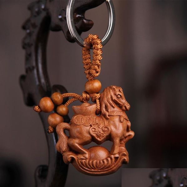 Ключевые кольца натуральное персиковое дерево 12 Zodiac Key Chain для женщин мужчины детские ювелирные украшения Keyrings Animal Monke