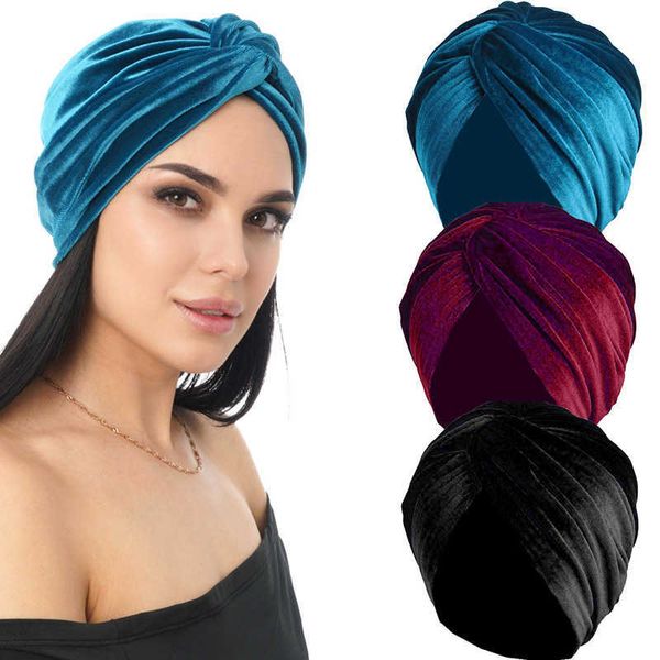 Stirnbänder Neue Damen Samt Turban Hut Weiche Stretch Cross Twist Cap Muslimischer Kopf Schal Weiblich Elegant Einfarbig Chemo Haarschmuck Geschenk