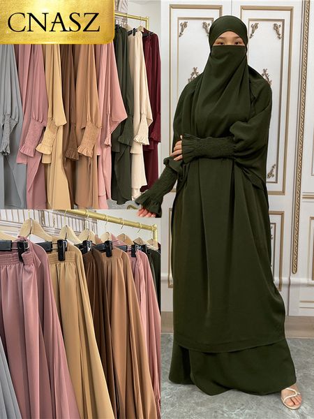 Abbigliamento etnico Abbigliamento da preghiera per donna musulmana Islam Khimar Hijab Dubai Abaya Jilbab Set da 2 pezzi Arabo Nero Turchia Negozio Cappelli Ramadan 221007