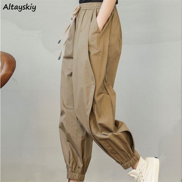 Calça feminina capris calças causais mulheres khaki bolsos estilosos primavera no tornozelo sólido comprimento unissex streetwear