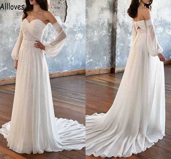 Ver￣o praia chiffon uma linha vestidos de noiva com mangas remov￭veis renda sexy sweetheart pregas boho jardim vestidos de noiva longos mantos simples de trem de mariee cl1235