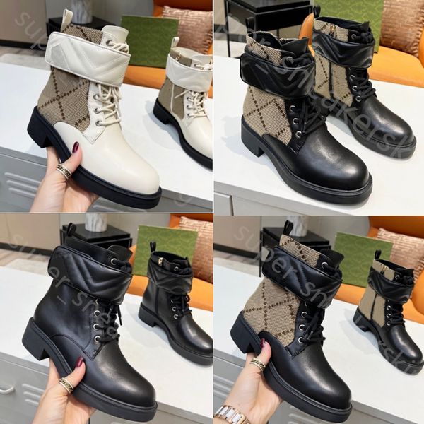 2023 Herbst Winter Lace Up Martin Stiefel Frau Flache Metall Reise Gürtel Schnalle Schuh Dame Brief Schwarz Ankle Boot Weiche Rindsleder Frauen Designer Schuhe Große Größe 35-42