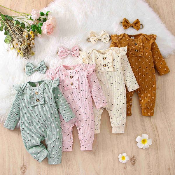 Strampler Baby Frühling Herbst Kleidung Neugeborenes Baby Mädchen Gerippte Kleidung Gestrickte Baumwolle Floral Strampler Overall Stirnband 2PCS Outfits J220922