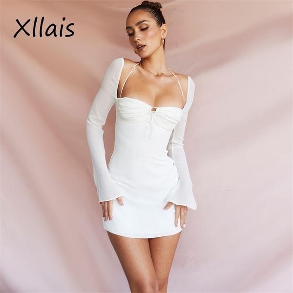 Lässige Kleider Xllais sexy schliere Ärmeln Abendkleid Sommer Holiday Birthday Club Partywear Square Halsband Weiße Frauen 221007
