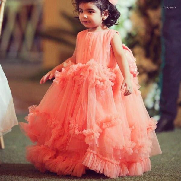 Vestidos de menina Água Formal Flor de babados do melão Tulle para camadas de casamento Princesa Vesti