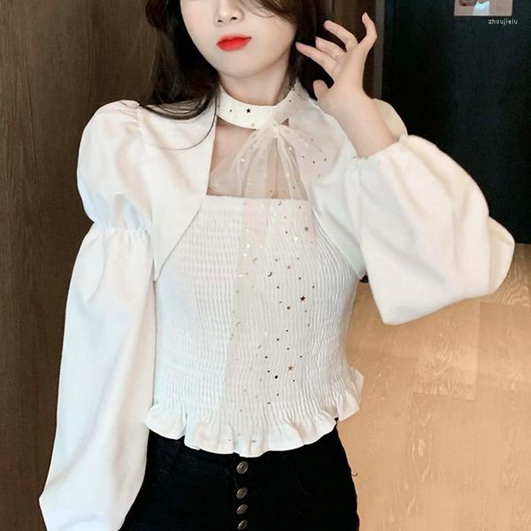 Männer Casual Hemden 2022 Sommer Spitze Elegante Blusen Weibliche Solide Chiffon Puff Sleeve Tops Frauen Y2k Bogen Design Büro Dame korea Stil