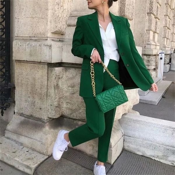 Pantaloni da donna a due pezzi Completi da donna Blazer Ufficio Elegante Abbigliamento da lavoro da donna Giacca da tasca femminile Cappotto verde Abito a due pezzi Blazer allentato 221007