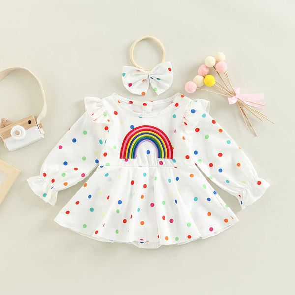 Rompers Baby Girls Herbst -Overall -Outfit Langarm Rainbow Dot Print Strampler und Stirnband Set für Kleinkindbabykleidung J220922