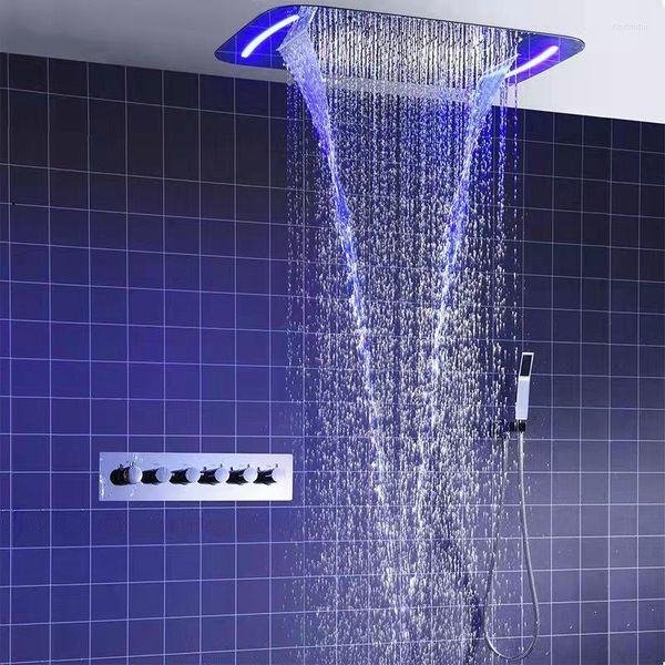 Badezimmer-Duschsets, luxuriöses LED-Multifunktionskopf-Fernbedienungs-Buntlicht-Thermostat-Wasserhahn-Set