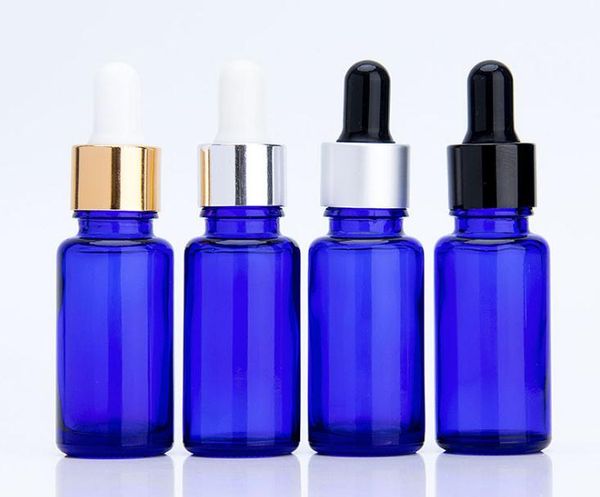 Flaconi contagocce in vetro blu da 15 ml con tappi in oro nero Bottiglie per imballaggio per aromaterapia con gocce di olio per occhi 780 pezzi / lotto SN278