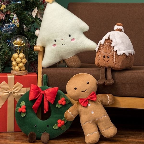 Dishiondecorative Pillow Рождественская фаршированная плюшевая кукла мягкая милая пряника для рождественского дома на дереже и подушка плюшевая игрушка с рождественским подарком для детей 221008