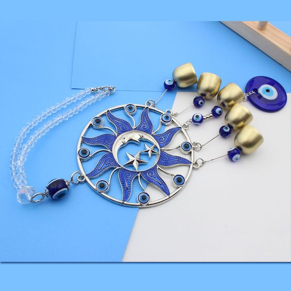 S3244 Modeschmuck Runde Emaille Evil Eye Sonne Mond Türkischen Stil Glocke Auto Anhänger Blaue Augen Bronze Glocken Anhänger