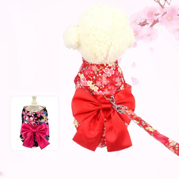 Hundehalsbänder Weiche Schleife Haustier Welpe Katzengeschirr Leine Set Japanischer Stil Blumenweste für kleine mittelgroße Hunde Chihuahua Yorkie Teddy S M L