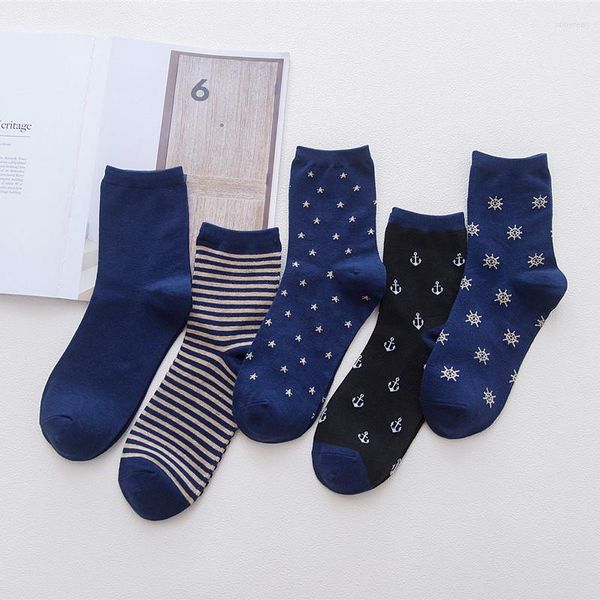 Meias masculinas 5 pares Men Navy Business Stripe Anchor Star neve masculino Autumn Winter Crew confortável algodão casual