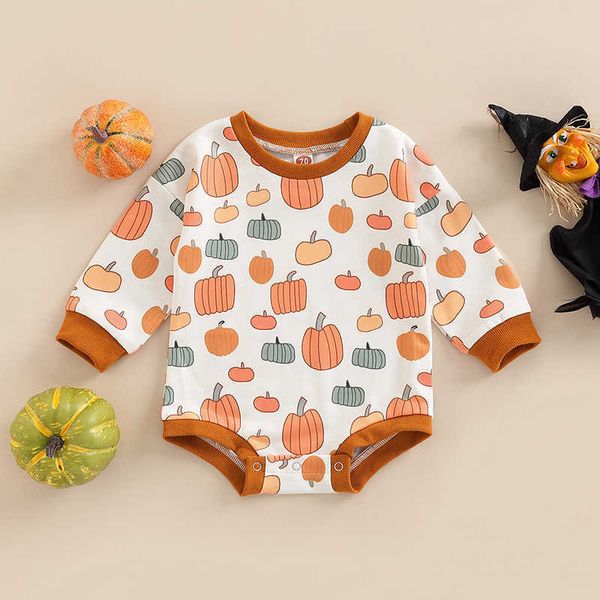 Rompers 024m Halloween meninas meninos macacão redondo pescoço abóbora estampada de manga longa Playper Playsuit fofo roupas de bebê J220922