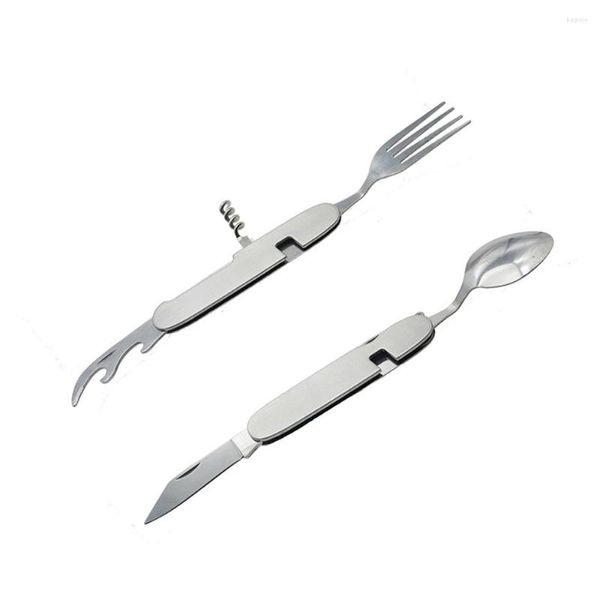 Conjuntos de utensílios de jantar Conjunto de talheres dobráveis ​​Faca de aço inoxidável abridor de garrafas de colher 4 em 1 utensílios de mesa de viagem ao ar livre para ferramenta de cozinha