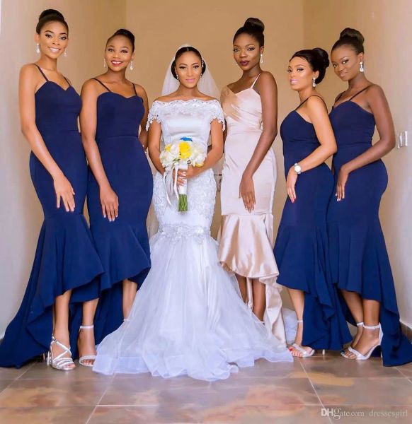 Королевский синий Русалка платья подружки невесты атласные высокие низкие бретели пляжные свадебные платья для гостей на заказ плюс размер