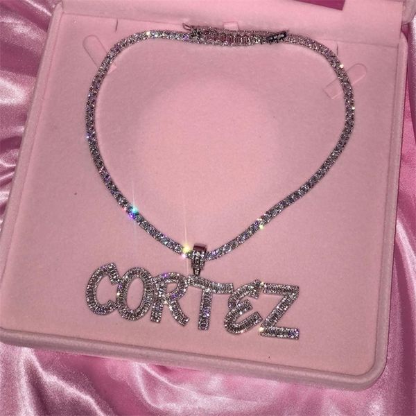 Collane con ciondolo Nome personalizzato Parole Baguette Lettere Ciondolo Oro Argento Color Charm AAAA Zirconia Collana Hip Hop da uomo Catena Rock Jewelry 221130