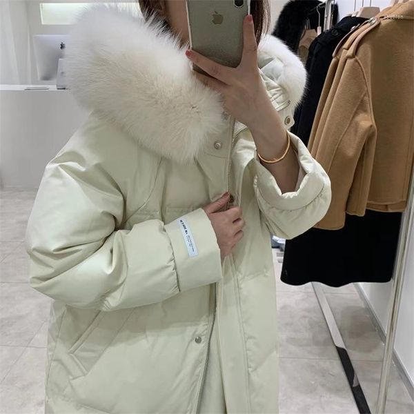 Delle donne Imbottiture MENINA BONITA 2022 X-Lungo Rivestimento di Inverno Delle Donne Cappotto 90% Anatra Bianca Vera Pelliccia Naturale Cappuccio Allentato Caldo tuta sportiva Streetwear