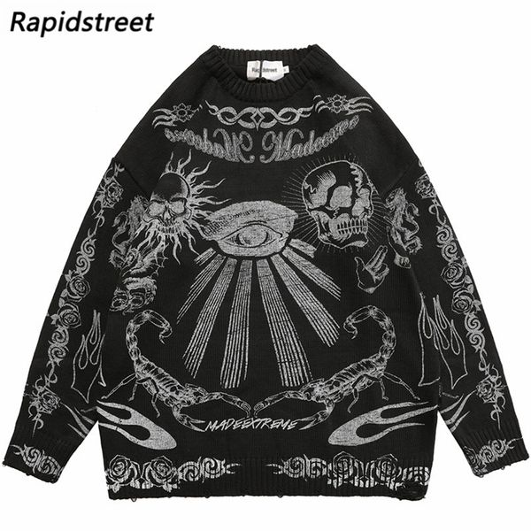 Erkek kazaklar hip hop büyük boy süveter erkekler kadınlar harajuku kafatası grafiti retro vintage vintage sweater unisex pamuk kazak sonbahar kış 221008