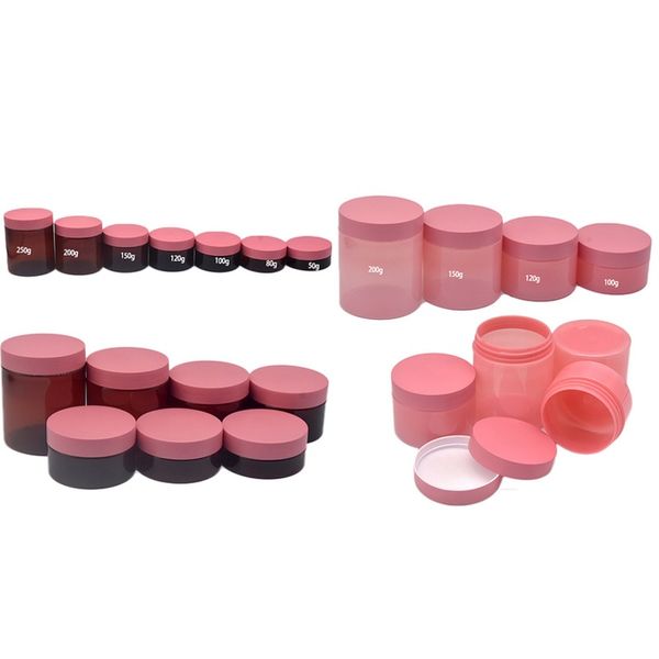 Embalagem vazia plástico marrom garrafa rosa -rosa tampa rosa formato circular jarra cosmética Recipiente de embalagem portátil de embalagem 50g 80g 100g 120g 150g 200g 250g