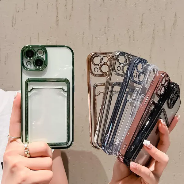 Bling Card Pocket Capas metálicas para iPhone 15 14 13 Pro Max 12 11 XR X XS 10 8 7 Plus Phone14 Fine Hole Credit ID Slot Soft TPU Luxo Chapeamento Cromado Clear Phone Capas traseiras