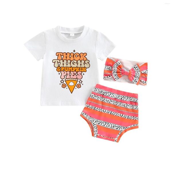 Kleidungssets für Kleinkinder, geborenes Baby, Erntedankfest-Outfits, Kurzarm-T-Shirt, gestreifte Shorts, Stirnband, 3-teiliges Set, 0-3T