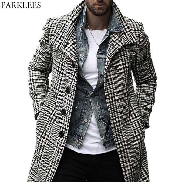 Pele masculina pele sintética moda masculina xadrez verificado trench coat marca slim fit streetwear sobretudo único breasted outwear blusão manteau homme t221007