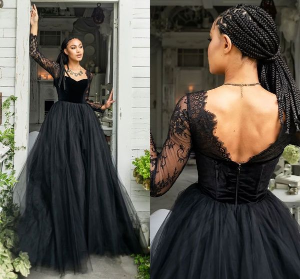 Vestidos de noite gótica preta 2023 Velvet Lace Sleeve Longe Coração Negra Garota Aso Ebi Puffy Tulle Skirt Vestido de ocasião