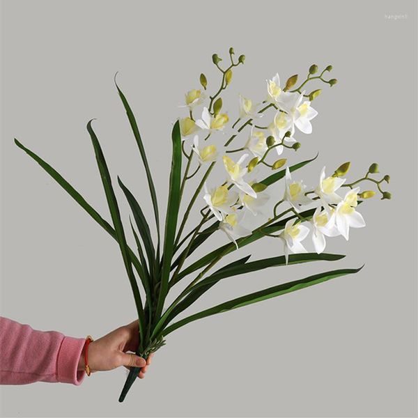 Dekorative Blumen Luxus Orchideenstrauß mit grünen Blättern Real Touch Cymbidium Fleurs Artificielles Home Decor Hochzeitsfeier Weihnachten