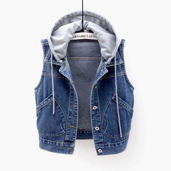 Gilet Denim donna in primavera e autunno versione coreana sottile gilet con cappuccio nuovo stile e corto per studenti