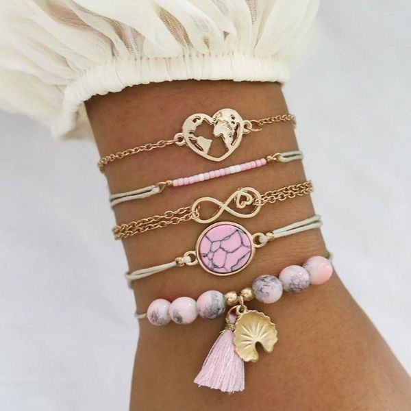 Bracelets de charme 5pcs bohemia tamel rosa conjunto de pedras natural mapa coração símbolo de limite de contas para jóias de corrente de pulso feminino